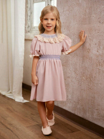 Young Girl's Woven A-Line Dress With Ruffle Hem, Puff Sleeves And Shirring, Casual