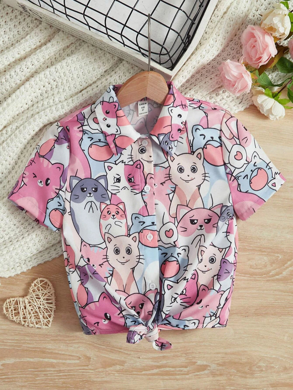 Young Girl's Woven Casual Cute Cat Allover Print Arc Hem Cardigan With Cartoon Pattern