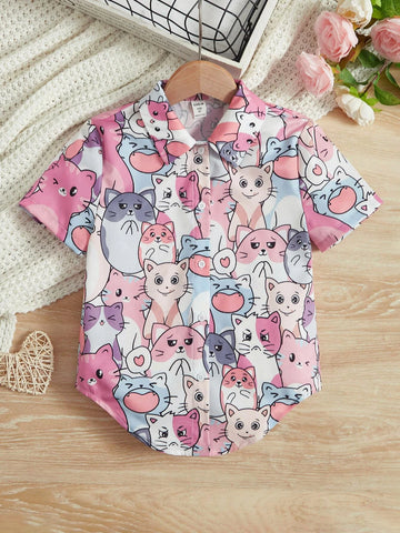 Young Girl's Woven Casual Cute Cat Allover Print Arc Hem Cardigan With Cartoon Pattern