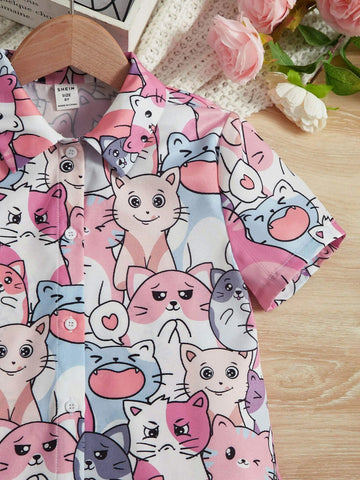 Young Girl's Woven Casual Cute Cat Allover Print Arc Hem Cardigan With Cartoon Pattern