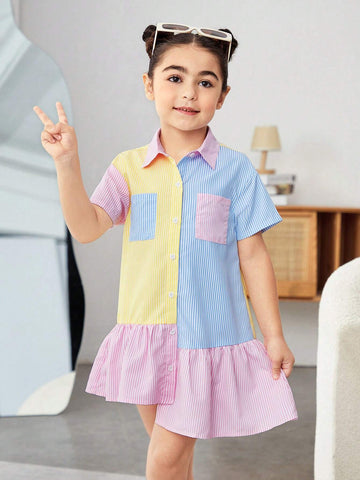 Young Girl's Woven Color-Block Striped Dress With Double Pockets And Integrated Design For Casual Wear