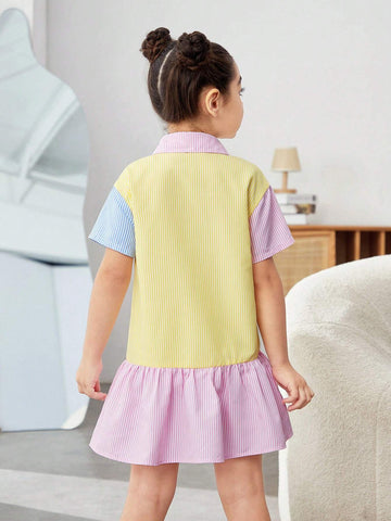 Young Girl's Woven Color-Block Striped Dress With Double Pockets And Integrated Design For Casual Wear