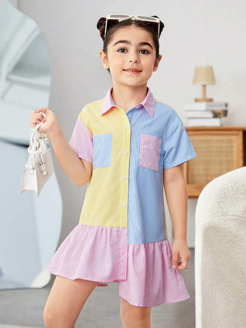 Young Girl's Woven Color-Block Striped Dress With Double Pockets And Integrated Design For Casual Wear