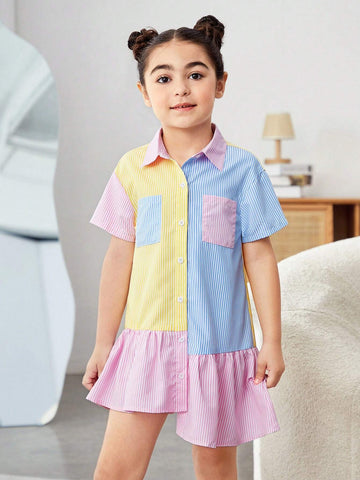 Young Girl's Woven Color-Block Striped Dress With Double Pockets And Integrated Design For Casual Wear