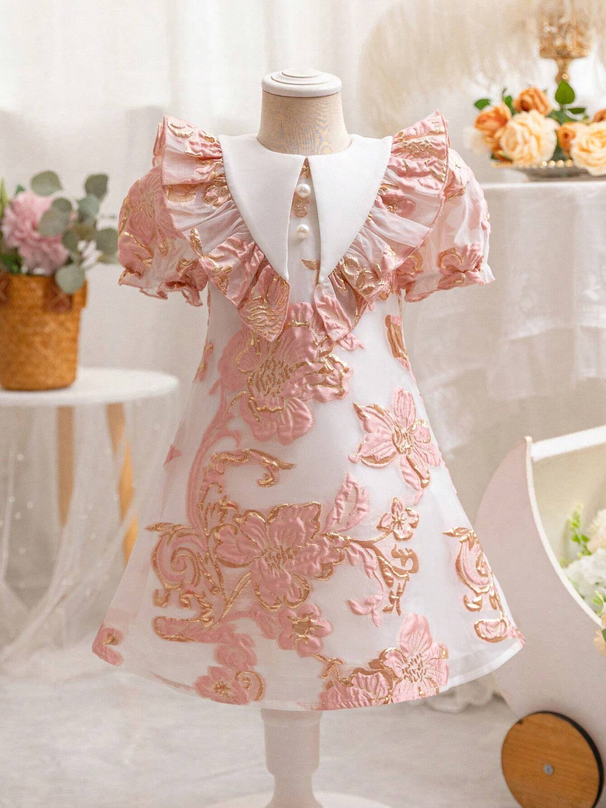 Young Girl's Woven Color-Block & Ditsy Floral Puff Sleeve Dress With Ruffled Hemline