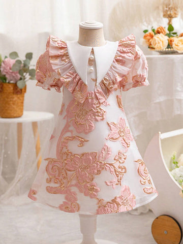 Young Girl's Woven Color-Block & Ditsy Floral Puff Sleeve Dress With Ruffled Hemline