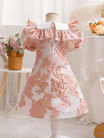 Young Girl's Woven Color-Block & Ditsy Floral Puff Sleeve Dress With Ruffled Hemline