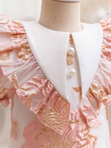 Young Girl's Woven Color-Block & Ditsy Floral Puff Sleeve Dress With Ruffled Hemline