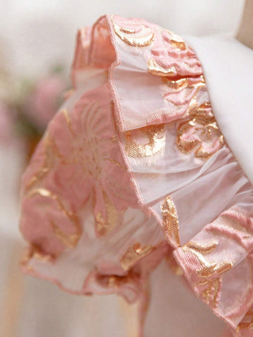 Young Girl's Woven Color-Block & Ditsy Floral Puff Sleeve Dress With Ruffled Hemline