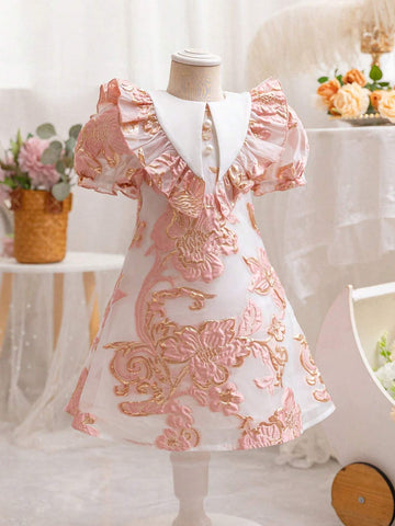 Young Girl's Woven Color-Block & Ditsy Floral Puff Sleeve Dress With Ruffled Hemline