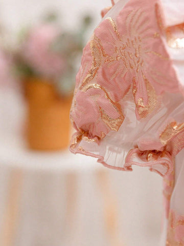 Young Girl's Woven Color-Block & Ditsy Floral Puff Sleeve Dress With Ruffled Hemline