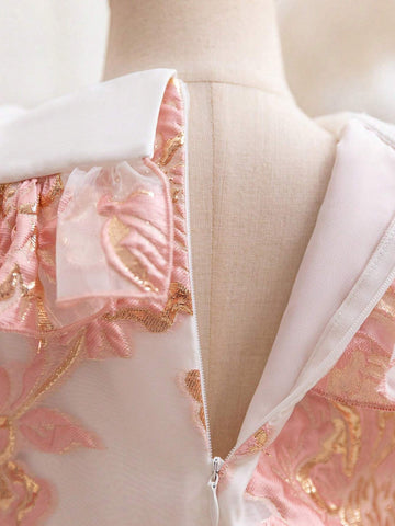 Young Girl's Woven Color-Block & Ditsy Floral Puff Sleeve Dress With Ruffled Hemline