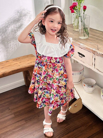Young Girl's Woven Color Block Ditsy Floral Dress With Ruffle Hemline And Puff Sleeves