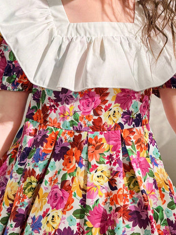 Young Girl's Woven Color Block Ditsy Floral Dress With Ruffle Hemline And Puff Sleeves