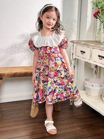 Young Girl's Woven Color Block Ditsy Floral Dress With Ruffle Hemline And Puff Sleeves