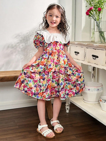 Young Girl's Woven Color Block Ditsy Floral Dress With Ruffle Hemline And Puff Sleeves