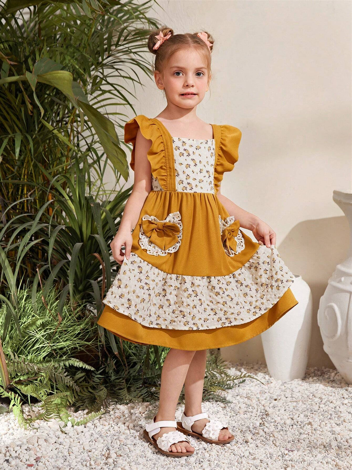 Young Girl's Woven Color Block Ditsy Floral Square Neck Sleeveless Ruffle Hem Bodycon Casual Dress