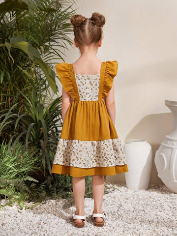 Young Girl's Woven Color Block Ditsy Floral Square Neck Sleeveless Ruffle Hem Bodycon Casual Dress