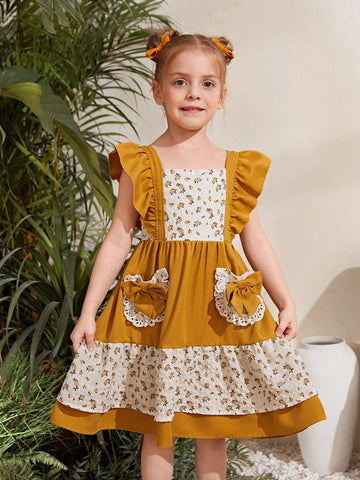 Young Girl's Woven Color Block Ditsy Floral Square Neck Sleeveless Ruffle Hem Bodycon Casual Dress