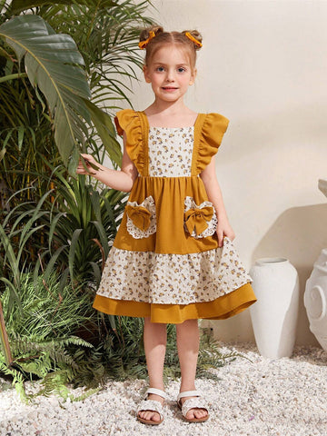 Young Girl's Woven Color Block Ditsy Floral Square Neck Sleeveless Ruffle Hem Bodycon Casual Dress