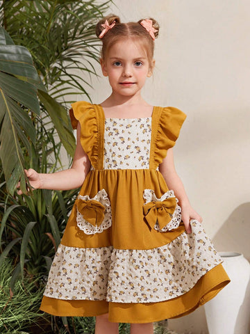 Young Girl's Woven Color Block Ditsy Floral Square Neck Sleeveless Ruffle Hem Bodycon Casual Dress