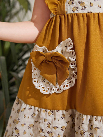 Young Girl's Woven Color Block Ditsy Floral Square Neck Sleeveless Ruffle Hem Bodycon Casual Dress