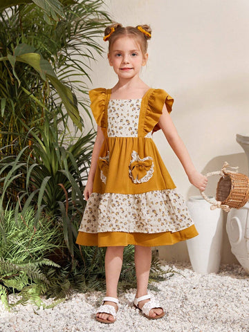 Young Girl's Woven Color Block Ditsy Floral Square Neck Sleeveless Ruffle Hem Bodycon Casual Dress