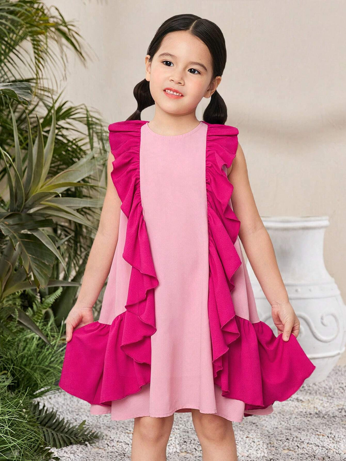 Young Girl's Woven Color Block Round Neck Sleeveless Loose Casual Dress