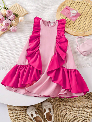 Young Girl's Woven Color Block Round Neck Sleeveless Loose Casual Dress