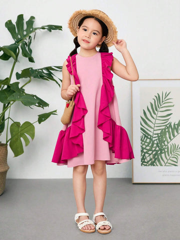 Young Girl's Woven Color Block Round Neck Sleeveless Loose Casual Dress