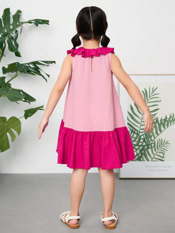 Young Girl's Woven Color Block Round Neck Sleeveless Loose Casual Dress