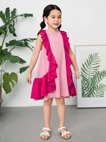 Young Girl's Woven Color Block Round Neck Sleeveless Loose Casual Dress