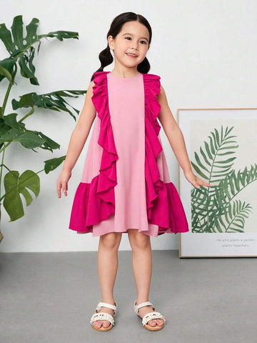 Young Girl's Woven Color Block Round Neck Sleeveless Loose Casual Dress
