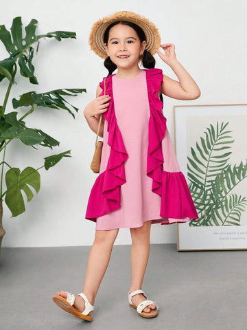 Young Girl's Woven Color Block Round Neck Sleeveless Loose Casual Dress