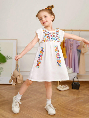 Young Girl's Woven Ditsy Floral Round-Neck Fringed Casual Vacation Dress