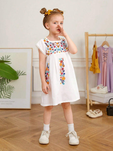 Young Girl's Woven Ditsy Floral Round-Neck Fringed Casual Vacation Dress