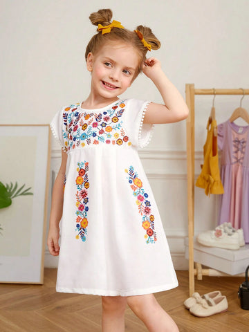 Young Girl's Woven Ditsy Floral Round-Neck Fringed Casual Vacation Dress