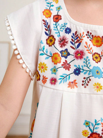 Young Girl's Woven Ditsy Floral Round-Neck Fringed Casual Vacation Dress
