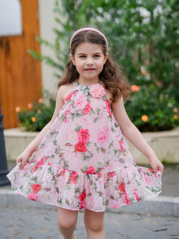 Young Girl's Woven Ditsy Floral Sleeveless A-Line Dress With Elegant Loose Flower Embellishment