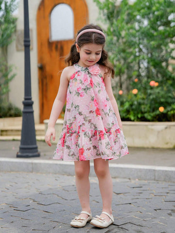Young Girl's Woven Ditsy Floral Sleeveless A-Line Dress With Elegant Loose Flower Embellishment