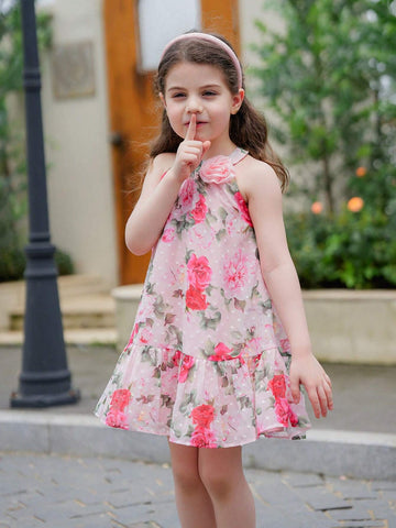 Young Girl's Woven Ditsy Floral Sleeveless A-Line Dress With Elegant Loose Flower Embellishment