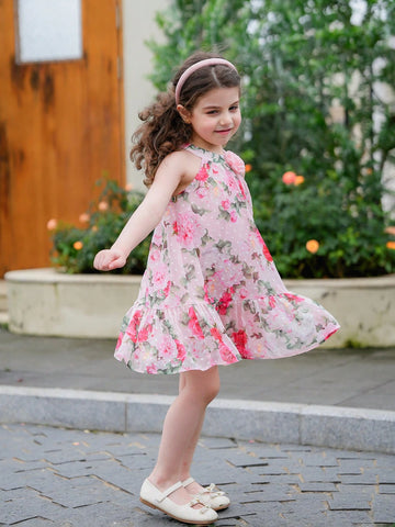 Young Girl's Woven Ditsy Floral Sleeveless A-Line Dress With Elegant Loose Flower Embellishment