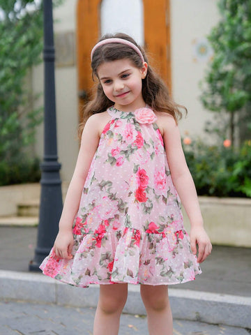 Young Girl's Woven Ditsy Floral Sleeveless A-Line Dress With Elegant Loose Flower Embellishment