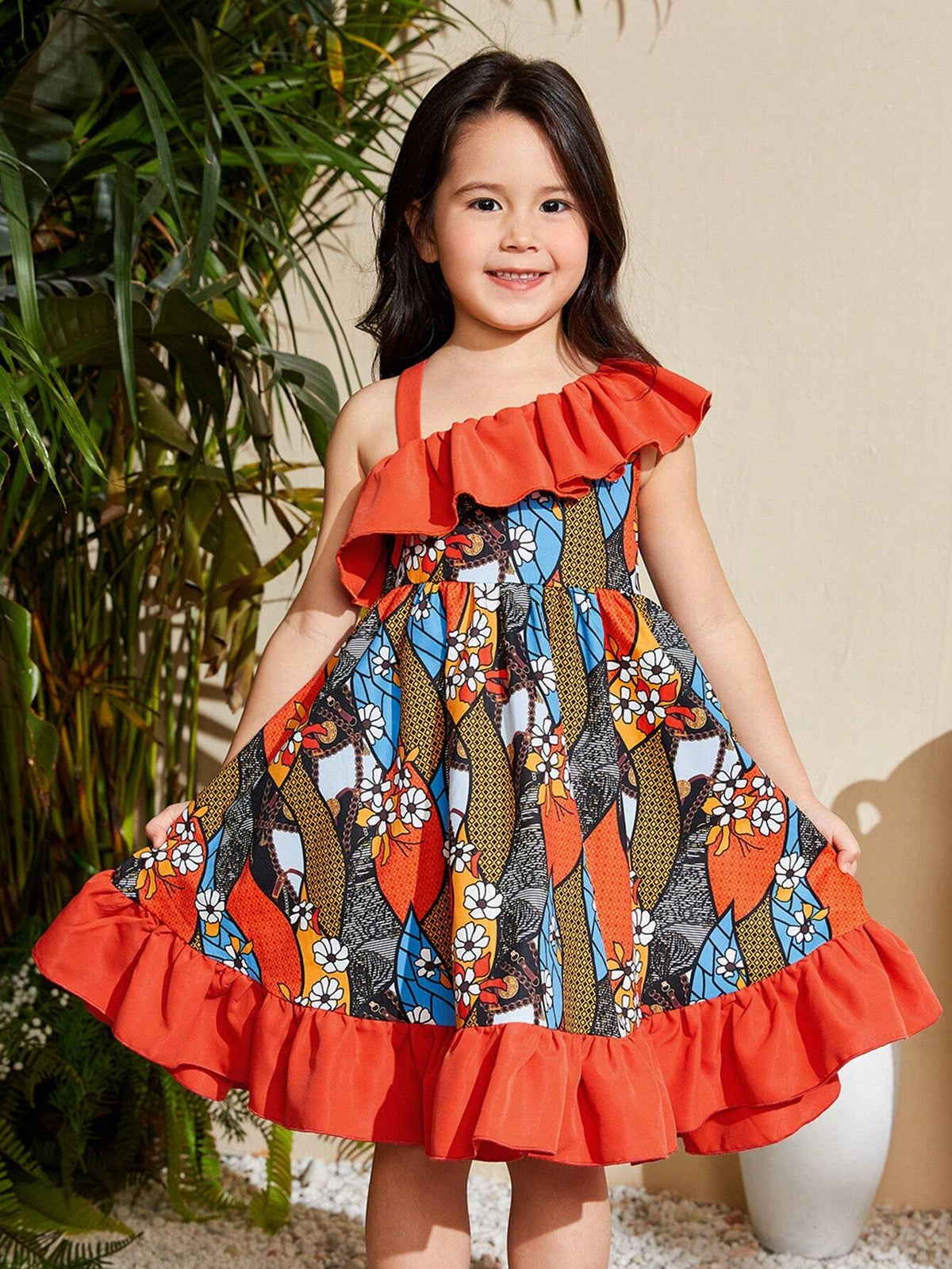 Young Girl's Woven Floral Print Asymmetric Neckline Casual Holiday Dress With Ruffle Trim