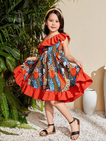 Young Girl's Woven Floral Print Asymmetric Neckline Casual Holiday Dress With Ruffle Trim