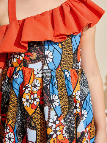 Young Girl's Woven Floral Print Asymmetric Neckline Casual Holiday Dress With Ruffle Trim