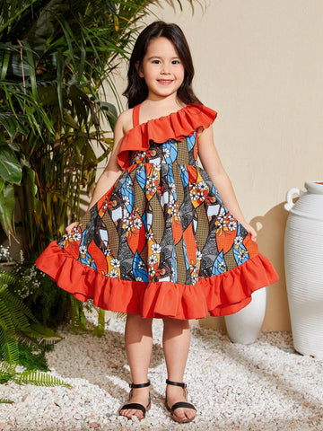 Young Girl's Woven Floral Print Asymmetric Neckline Casual Holiday Dress With Ruffle Trim