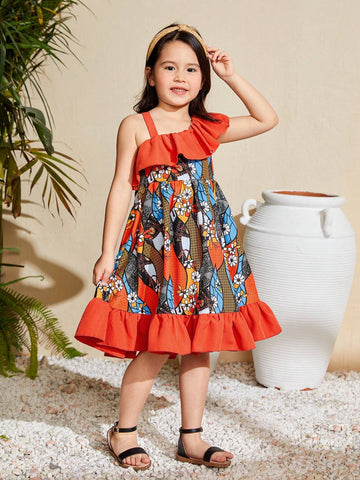 Young Girl's Woven Floral Print Asymmetric Neckline Casual Holiday Dress With Ruffle Trim