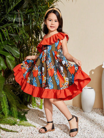 Young Girl's Woven Floral Print Asymmetric Neckline Casual Holiday Dress With Ruffle Trim