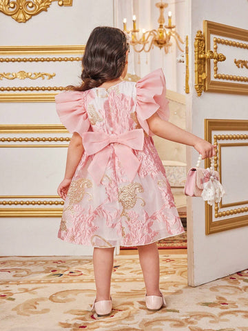 Young Girl's Woven Floral Print Casual Dress With Round Neckline & Ruffle Trim